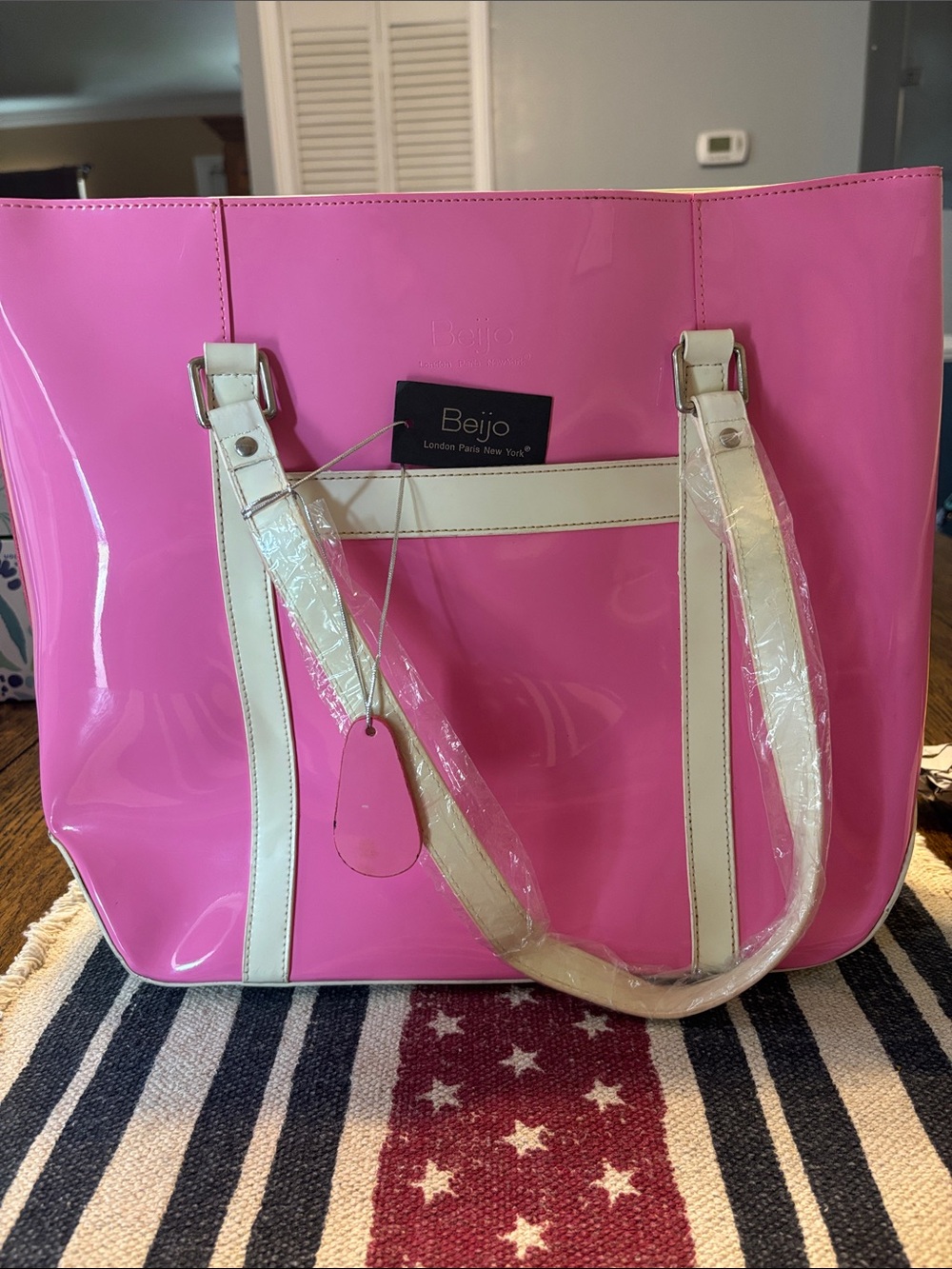 Beijo Hot Pink Patent Tote with Cream Trim